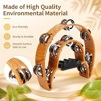 Double Row Tambourine, Half Moon Handheld Tambourine, Metal Jingles Hand Held Percussion Drum with Ergonomic Handle Grip, Adult Musical Instrument for Church, KTV, Party