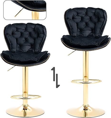 Miniatura 4 de Taburetes de bar giratorios de terciopelo negro, juego de 2 sillas de bar modernas ajustables de altura de mostrador, taburetes de bar de altura