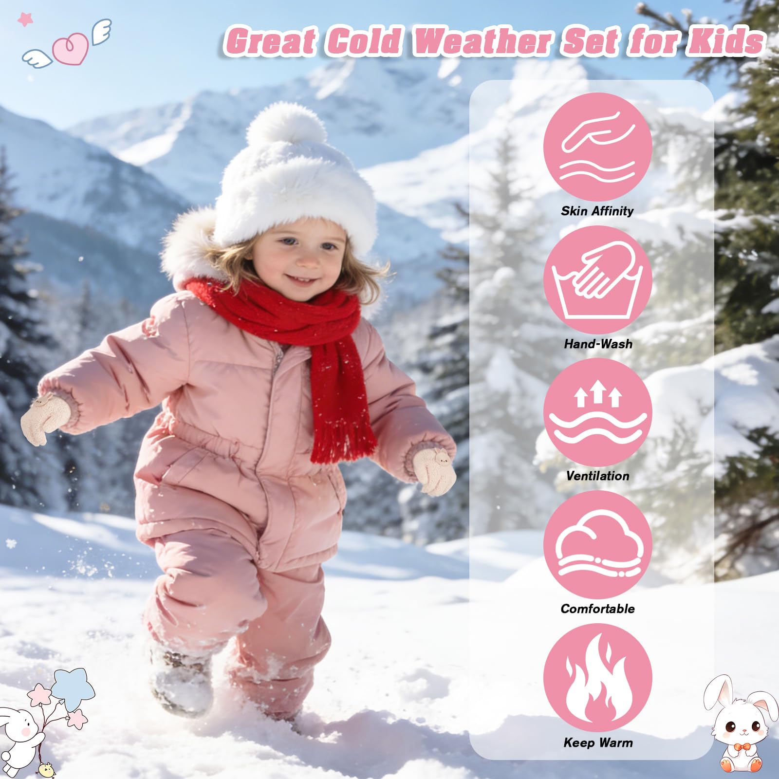 QKURT Lot de 3 paires de gants chauds et magiques pour tout-petits, motif lapin et fleurs, gants thermiques d'hiver doux et élastiques pour bébés garçons et filles, 1-3 ans