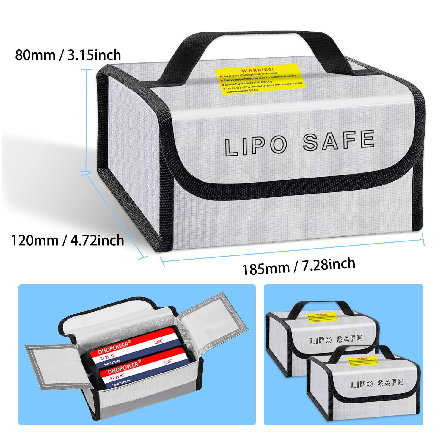 CNDHDOK 2PCS 185 * 120 * 80mm Lipo Safe Bag for Lipo Battery Pack Storage Charging Transport, Home Office Travel Fireproof Safe Storage Pouch