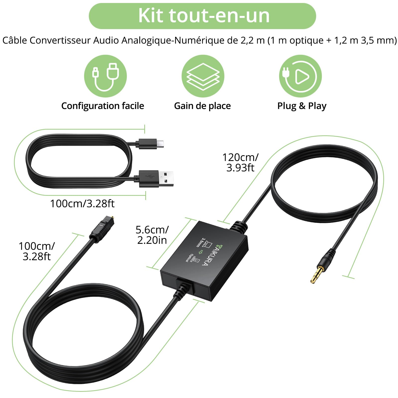 Câble convertisseur audio analogique vers numérique 3.5mm optique 1m 1.2m Plug and Play