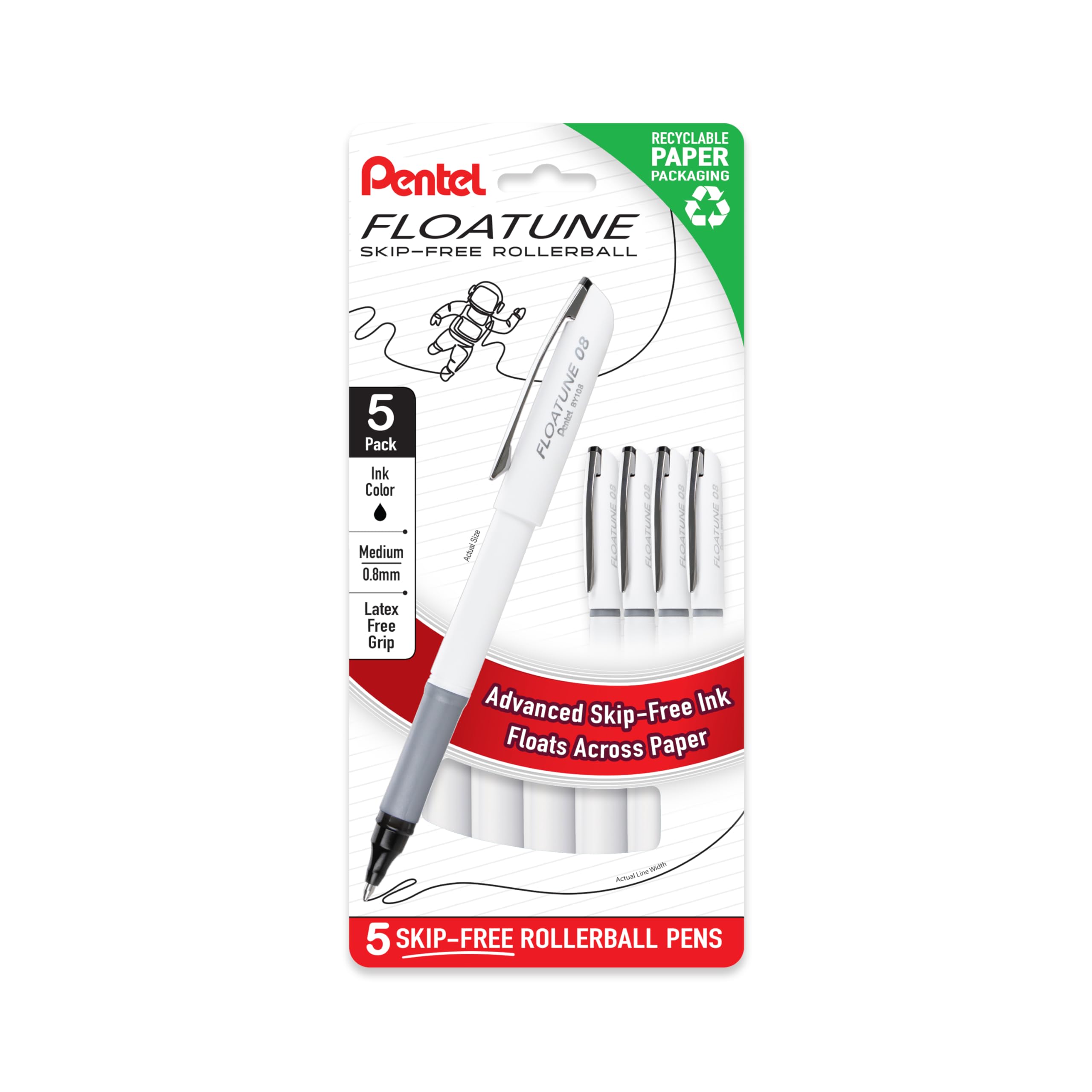 Pentel Floatune Rollerball 0 8mm medium point Black Ink 5-pk BY108PF5A