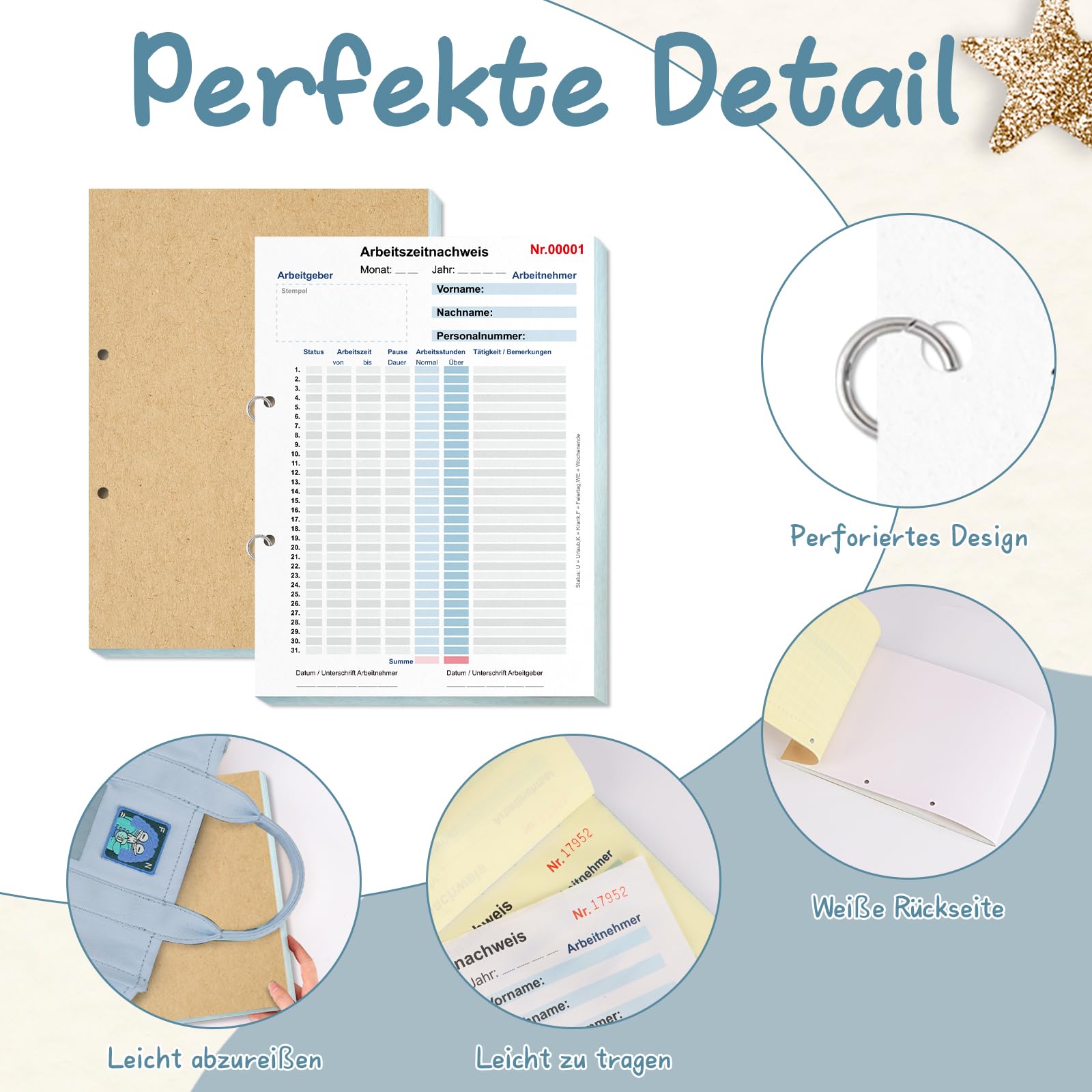1 Book of Hours Book for Work A4 Work Time Project Pad for 31 Days Monthly with Back Cardboard Work Time Entry Book Timetable for Minijob Full Time 2 x 50 Sheets White Yellow - Image 3