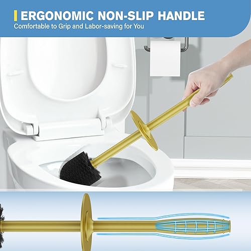 Miniatura 5 de UPTRONIC Juego de cepillo de inodoro de metal y soporte con mango extra largo, cerdas duraderas, cepillo para inodoro y soporte cubierto para