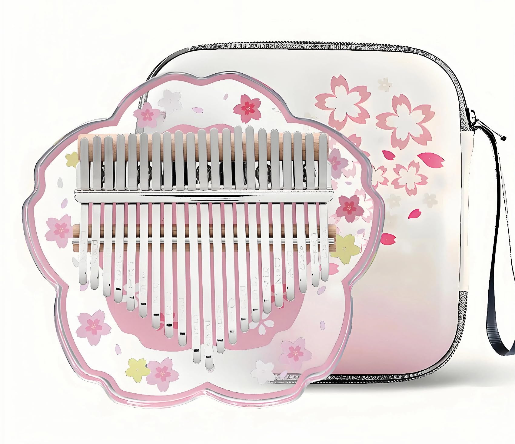 Kalimba Daumenklavier 21 Töne mit Schutzcase Komplett-Set, Sakura-Form Transparentes Kristall-Kalimba 17 Töne, Professionelles Musikinstrument für Anfänger (Rosa, L)