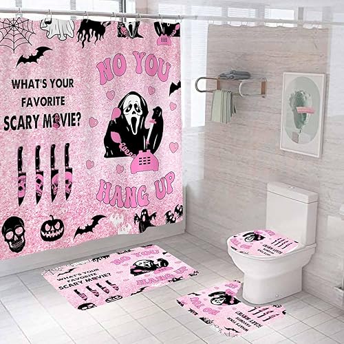 Miniatura 23 de Juego de 4 cortinas de ducha de Halloween con alfombras, divertida cortina de ducha fantasma, cortina de ducha rosa de tela impermeable, cara Rosa