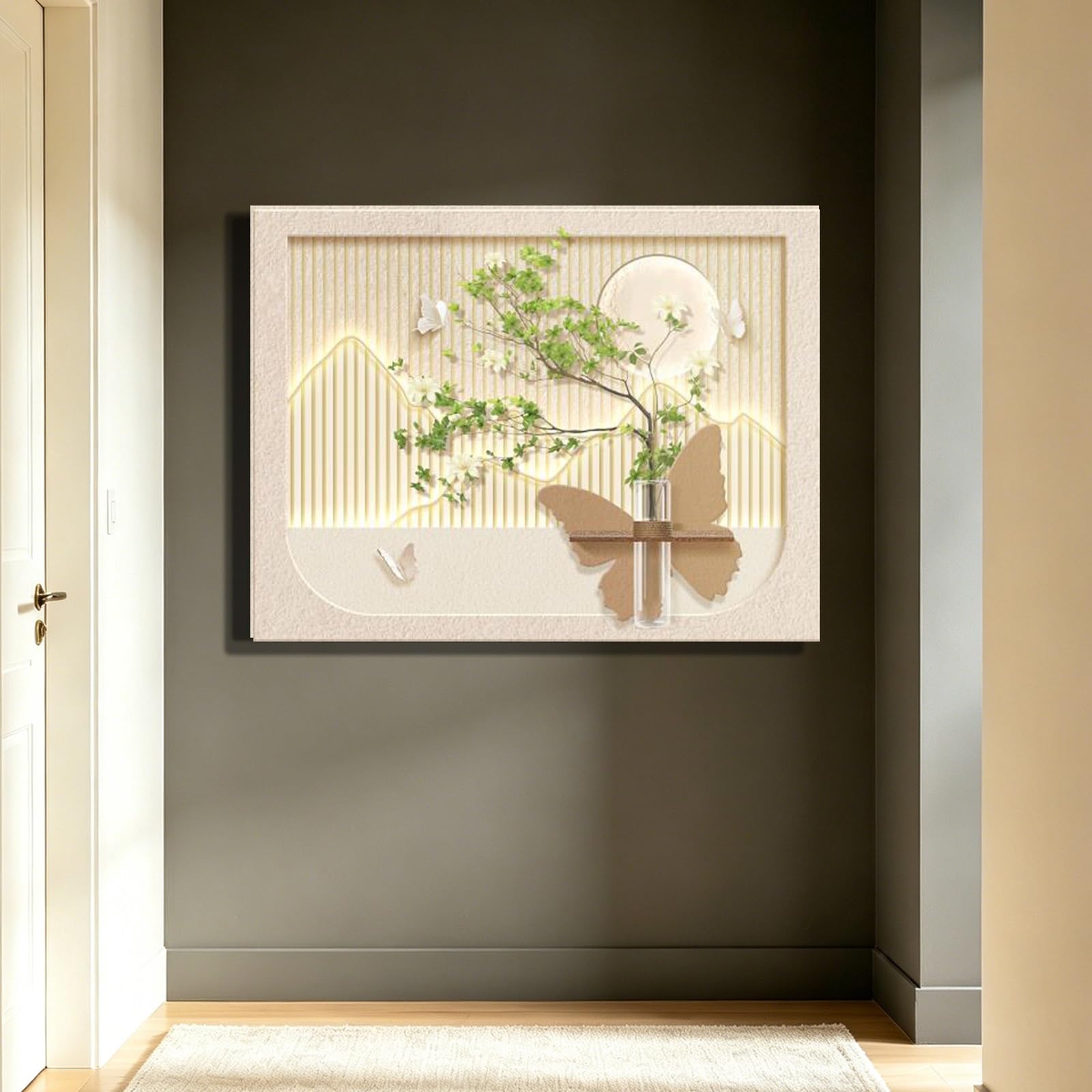 ZCQMSCWW Arte Mural LED 3D en Arenisca, Recorte Redondo con Decoración Mariposa Jarrón Vidrio Flores Blancas Alimentación por Enchufe para Salón Dormitorio(B,90 * 70cm/39.3 * 27.5in)