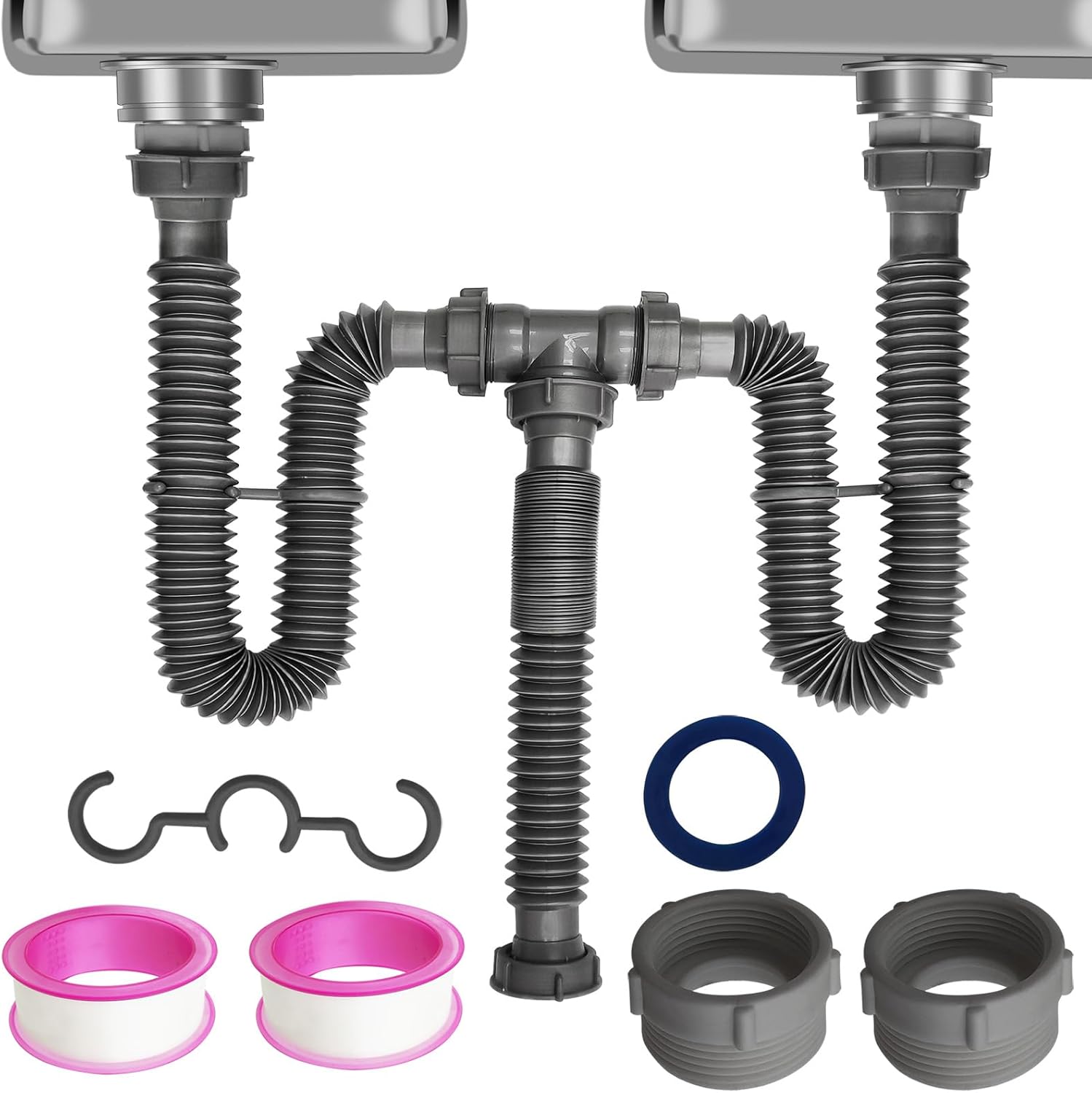 Flexible Expandable Double P-Trap Kit for 1 1/2" or 1 1/4" Double Bowl Sink Drain, Tube Pipes Kit Fit for Kitchen, Bathroom, Complete with Sealing Ring, Tape, and Tubing
