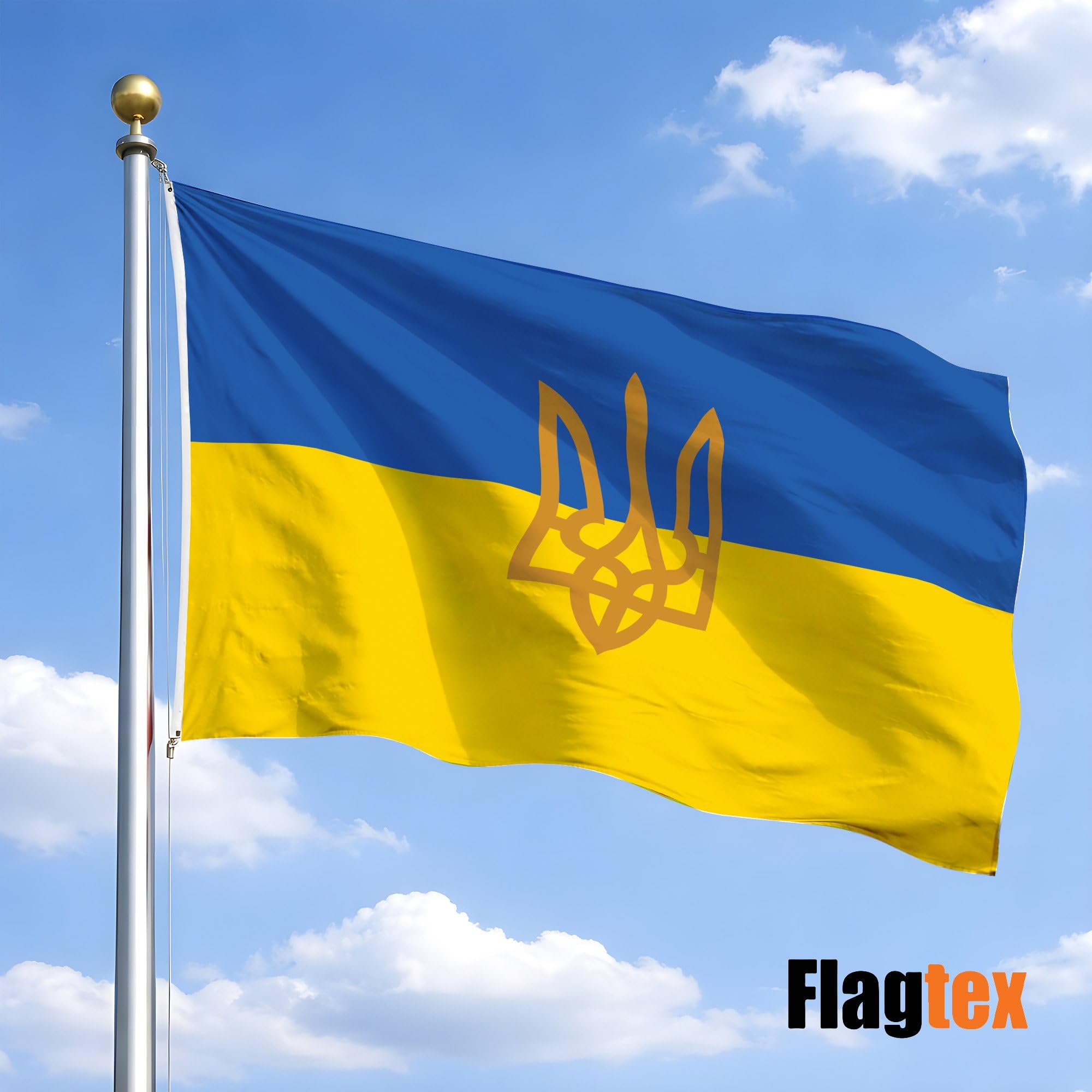 A close-up view of the Ukraine Flag with Trident Crest, highlighting its reinforced edges and brass eyelets.