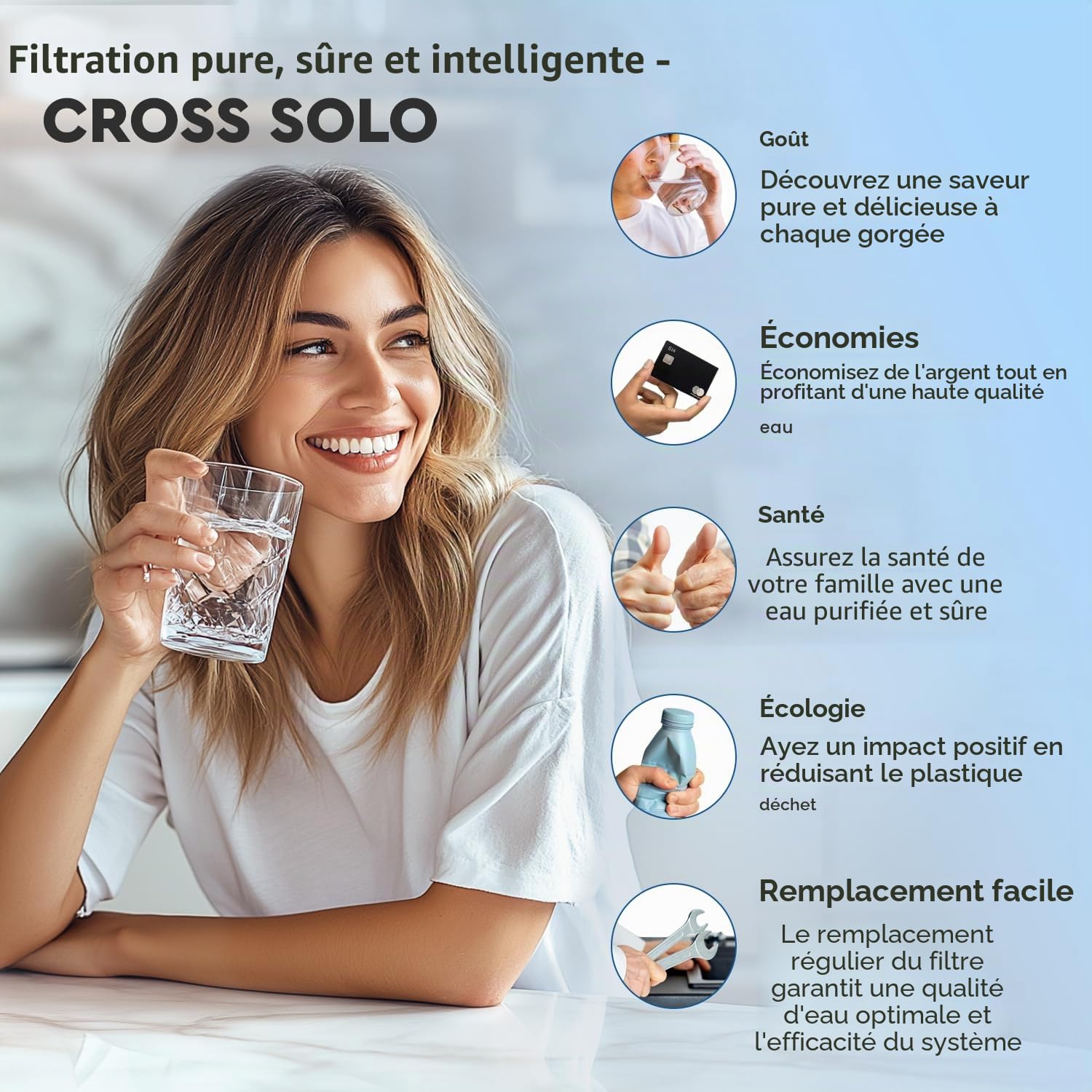 Ecosoft Cross Solo Filtre à osmose inverse à débit direct 1,3 l-min, filtration 2-en-1 avec membrane RO de 500 GPD et post-filtre à charbon, design ultra compact pour petites cuisines