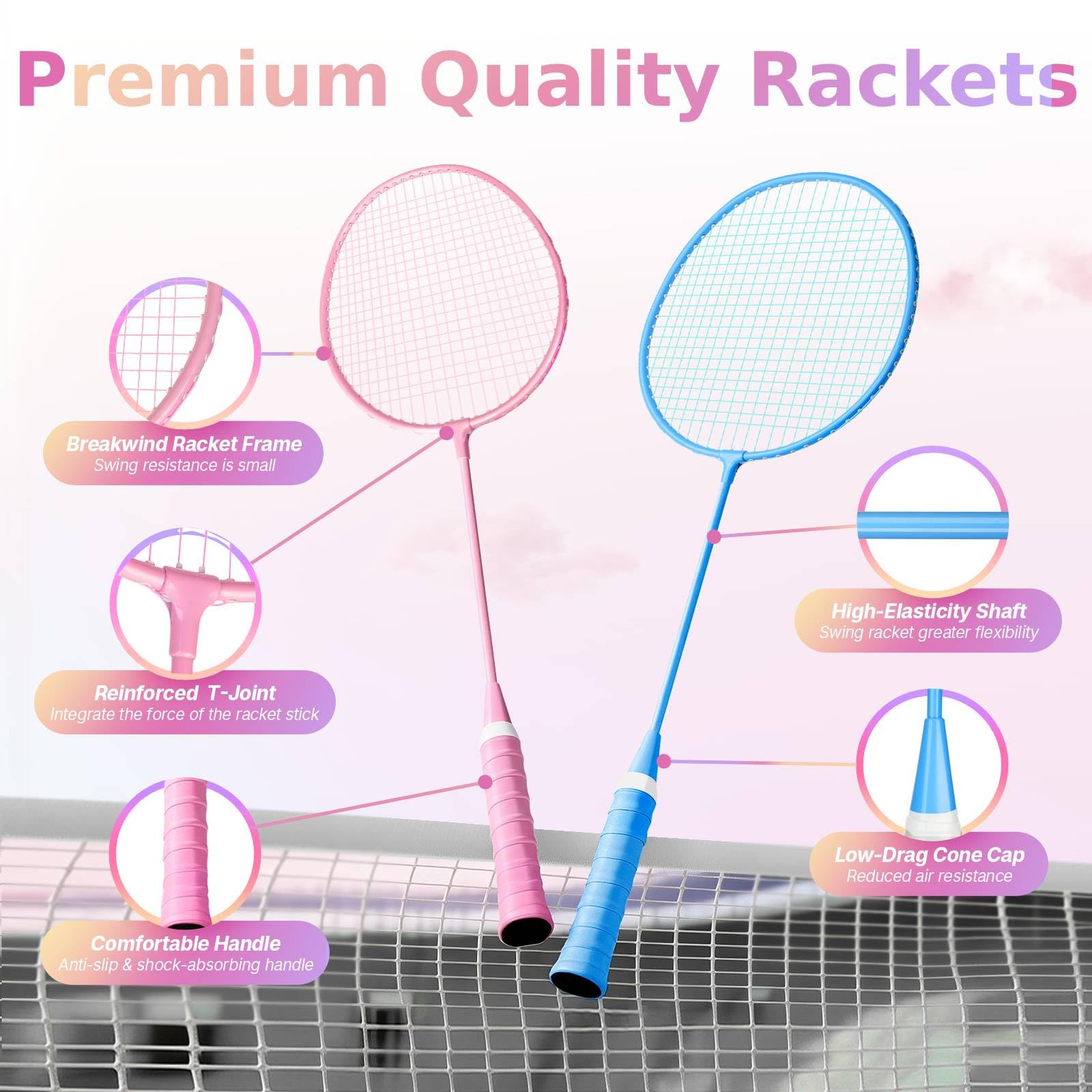 AboveGenius Badmintonschläger-Set, 2/4 Farben, leichtes Badminton-Set enthält 2/4 Schläger, 6 Vögel, Outdoor-Hinterhof-Spiele, Schläger für Familienanfänger
