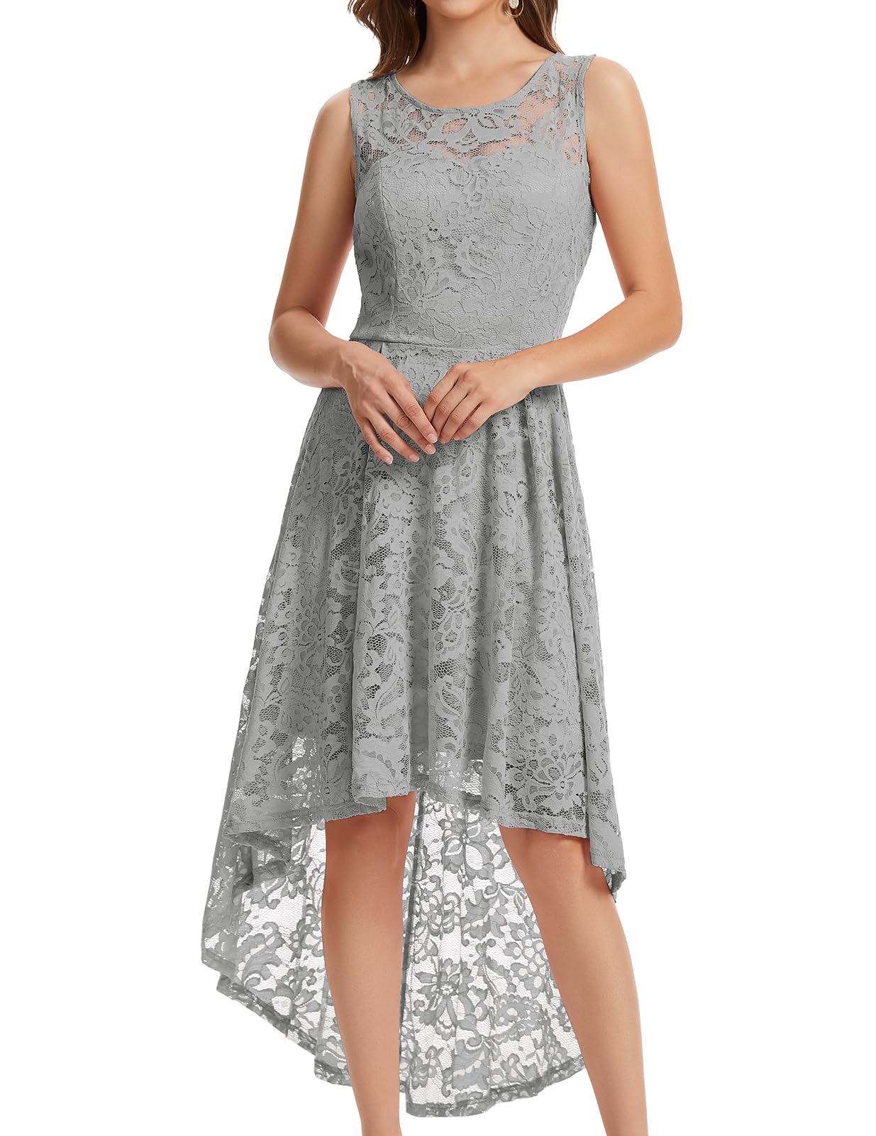 MUADRESS Women's Elegant Floral Lace Dress Sleeveless Crew Neck Hi-Lo Cocktail Dress for Evening Party