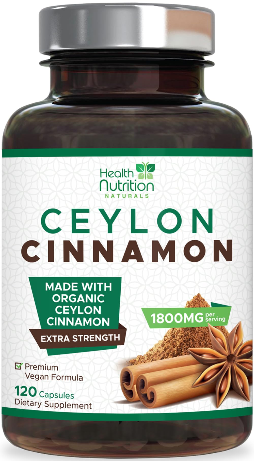Health Nutrition Naturals Suplemento de Canela-do-Ceilão orgânica certificada 1.800 mg em cápsulas — 120 cápsulas