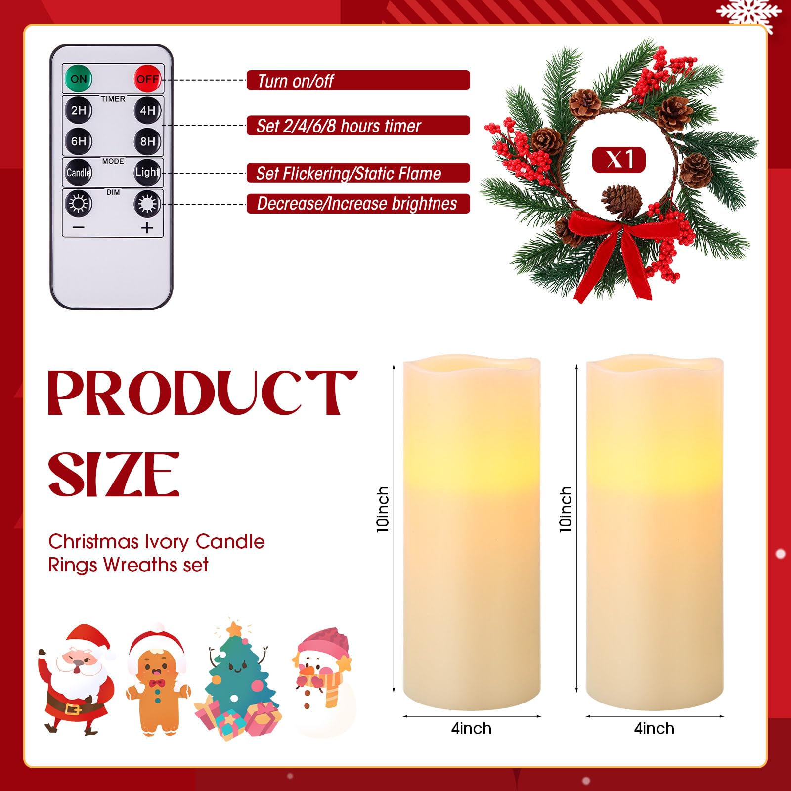 Retisee Set di 2 centrotavola natalizi per tavoli, candele, ghirlande, candele senza fiamma, candele senza fiamma, a batteria, con telecomando, luci LED per feste di Natale (25,4 cm, colore avorio)