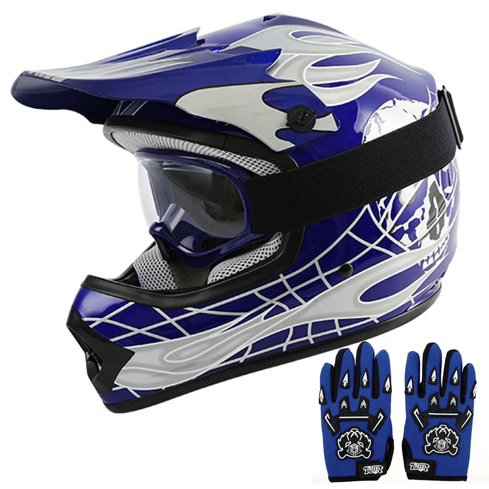TCT-MOTORPARTS DOT Youth Kids Dirt Bike Full Face Helmets Motocross ATV Offroad Four Wheeler Helmet Blue Skull Medium Size