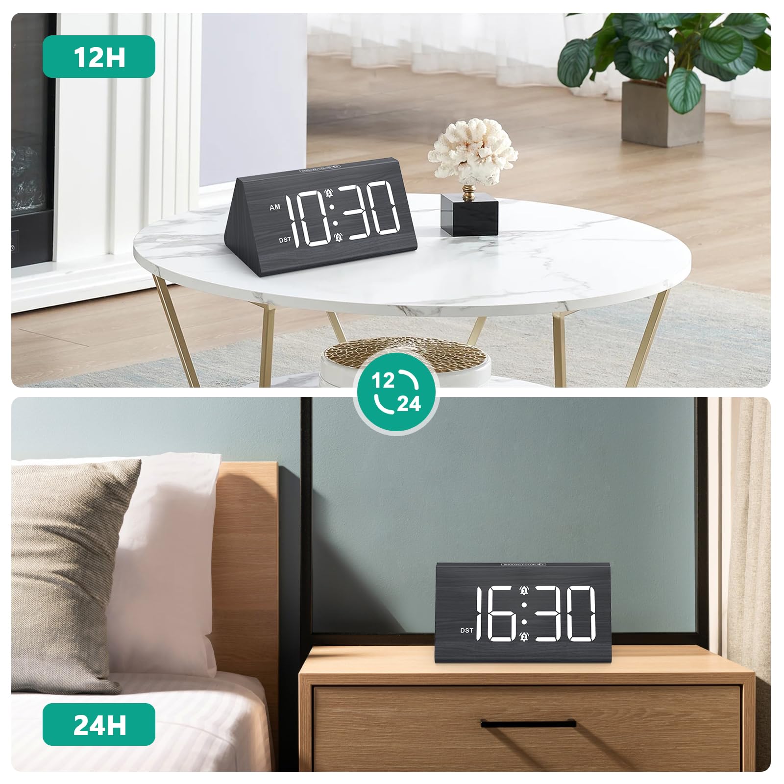 ORIA Cyfrowy budzik LED, 7", styl drewna, zegar cyfrowy, budzik podróżny z 2 alarmami, 5 jasności, 3 poziomy głośności, drzemka, DST, kolorowe światło otoczenia, nowoczesny zegar stołowy do sypialni
