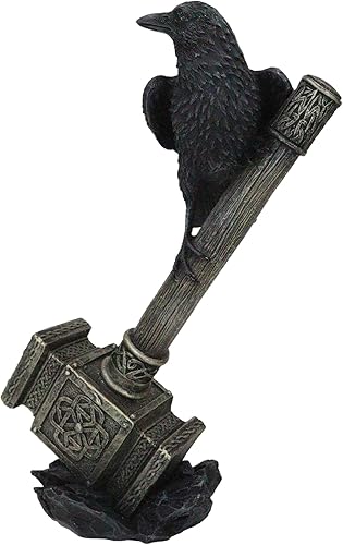 Miniatura 3 de Ebros Gift Huginn Muninn Odin Raven posado en el martillo de Thor Mjolnir con símbolo de runas y triple cuerno Skaldenmet Figura decorativa nórdica