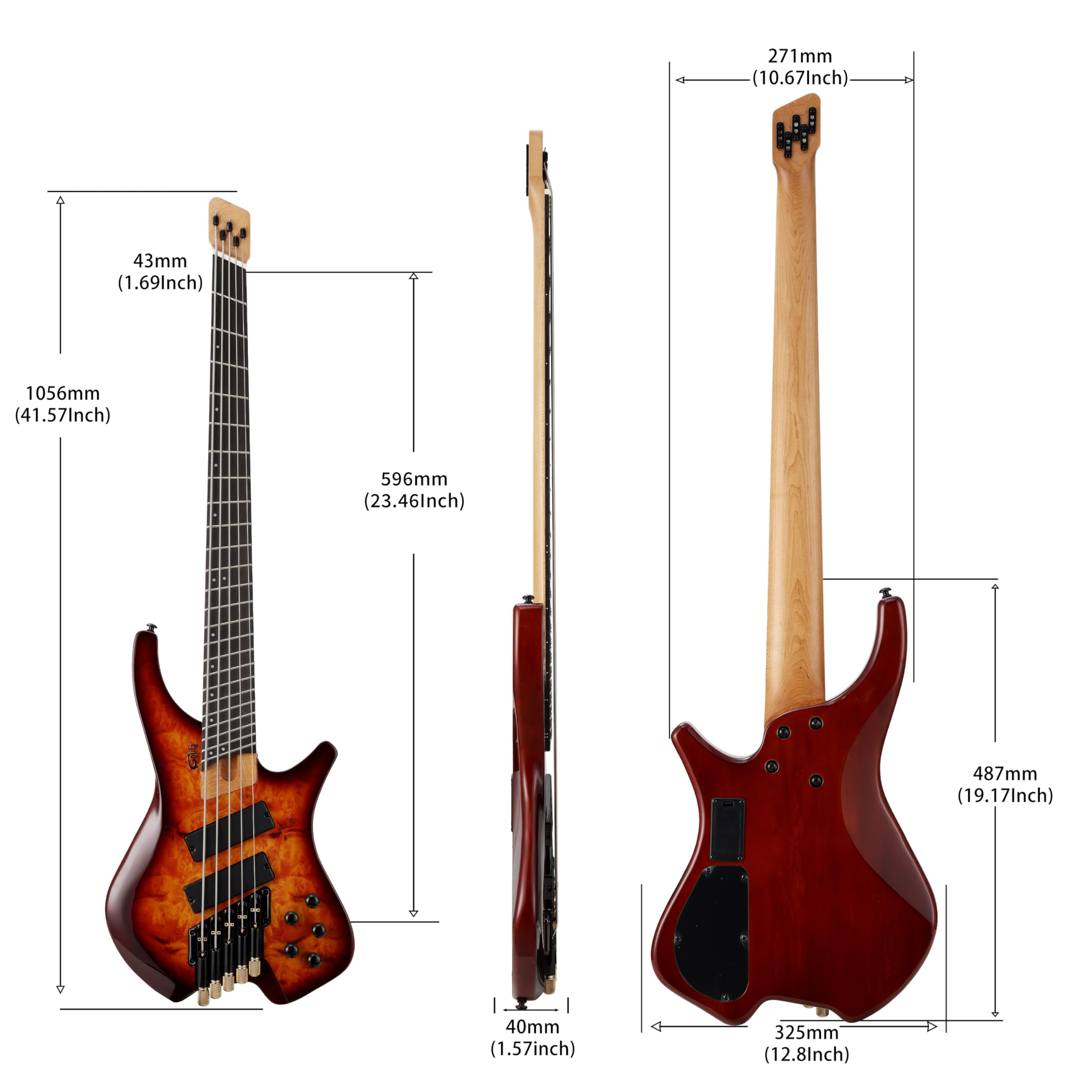 Gosila 5 String Headless Electric Bass Guitar poplar body Carbon Fibre Maple neck fanned fret