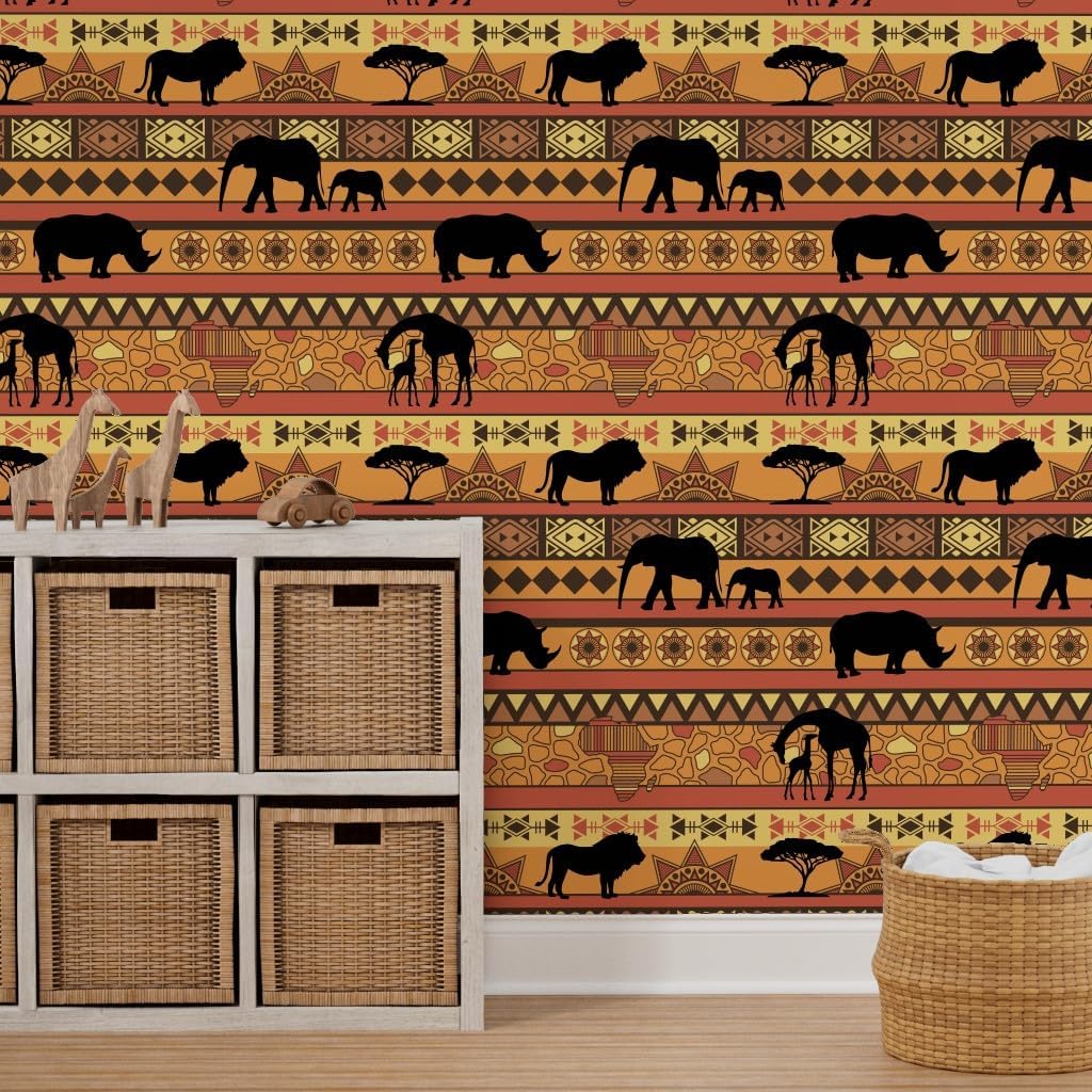 Removable Wallpaper 9ft x 2ft - Safari Style African Earth Animals Rhino Elephant Giraffe Landscape Geometric Orange Large Fair Custom Pre-Pasted Wallpaper by Spoonflower