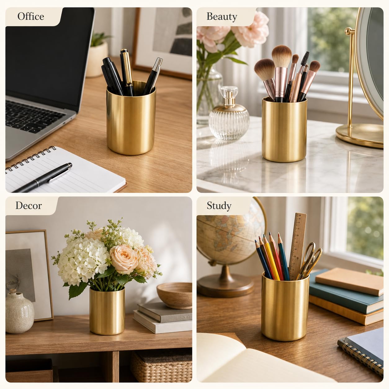 Naroote Porta della Penna Dorata, Portata a Matita Oro Porta | Penna per Scrivania Golden Round Brush Spazzole Vaso in Acciaio Inossidabile Vaso a Penna Dorata per Accessorio per la Casa