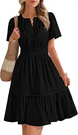BTFBM Women's Casual Dresses 2025 Summer Spring V Neck Short Sleeve Sundress Smocked Waist A Line Tiered Mini Dress