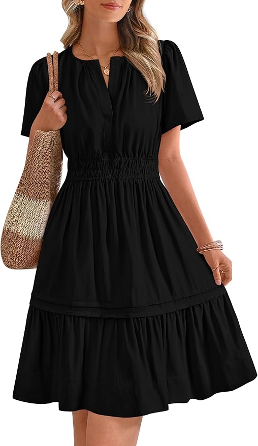 BTFBM Women's Casual Dresses 2025 Summer Spring V Neck Short Sleeve Sundress Smocked Waist A Line Tiered Mini Dress