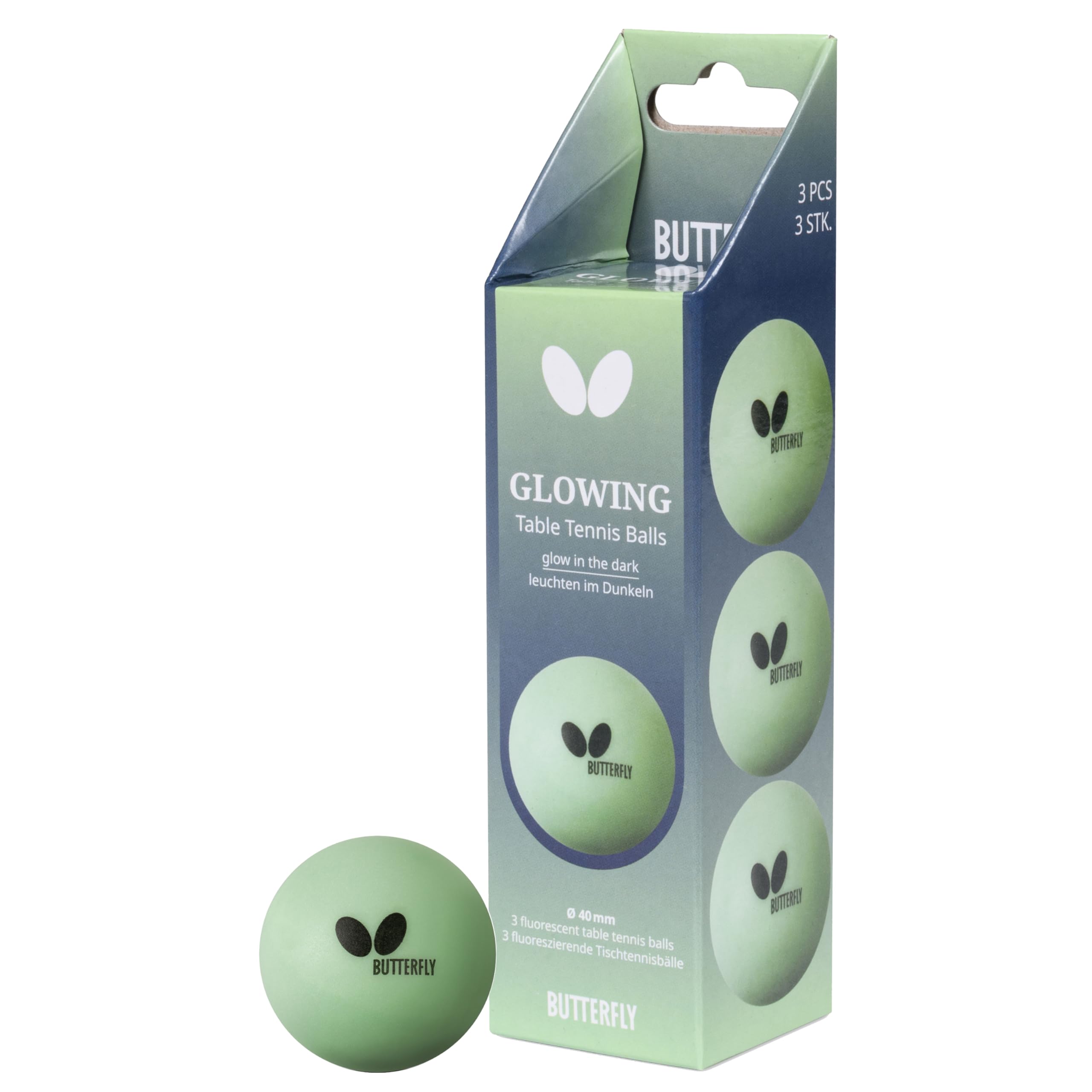 Butterfly Glow Balls (Pack of 3) – Glow-in-the-Dark Table Tennis Balls for Fun Night-Time Ping Pong Matches