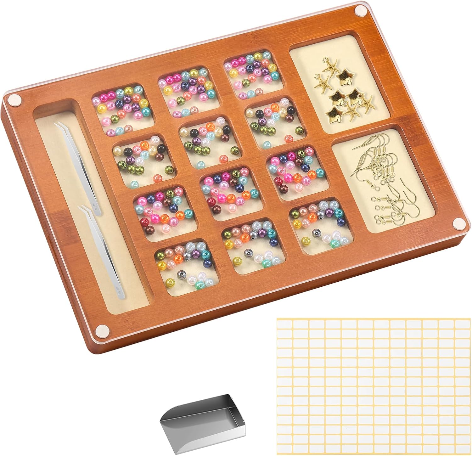 Wooden Bead Sorting Tray with Lid, Portable Compartmental Velvet Padding Bead Board with Magnetic Acrylic Cover, Beads Tray for Jewelry Bracelet Making for Home School Travel(Style 2)