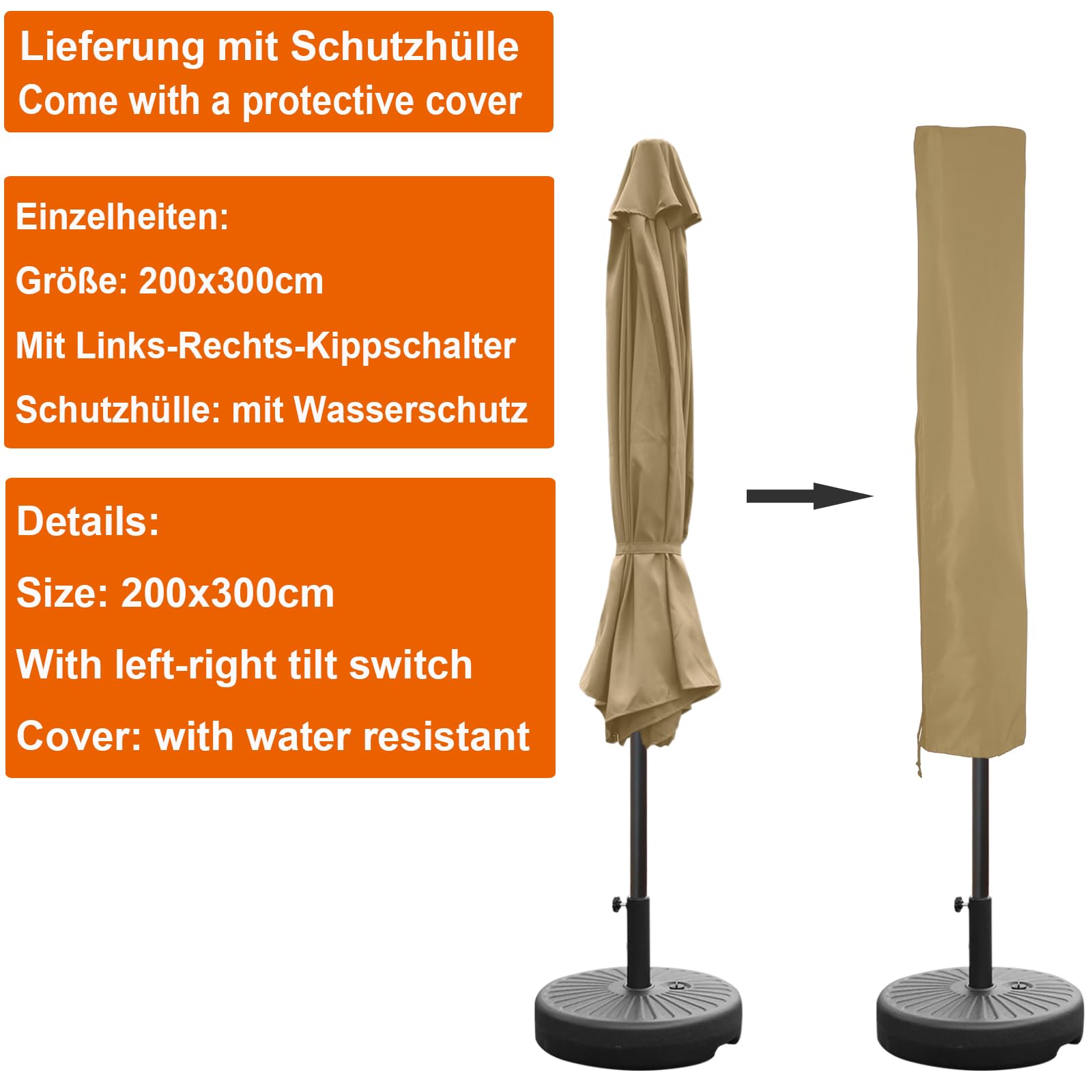 RANSENERS Kippbar Sonnenschirm Rechteckig 200 x 300 cm, Beidseitig um 30° Knickbar, Kurbel öffnen & Schließen, UV50+, für Garten, Terrasse, Balkon, Cafe im Freien