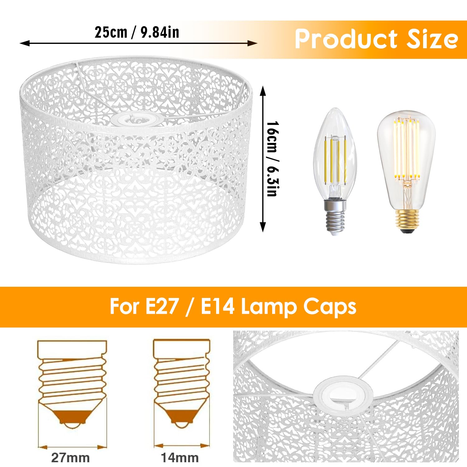 Tissting Pantalla Lampara E27 E14, 25 x 16 cm Pantalla Redonda de Mesa para Portalámparas Hierro Blanco Hueco Pantalla para Aplique Lámpara Estilo Nórdico Pantalla Cilíndrica para Lámpara de Techo