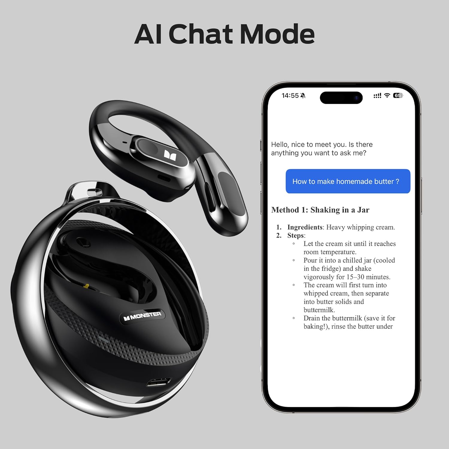 Monster AI Translation Earbuds in their rotating charging case