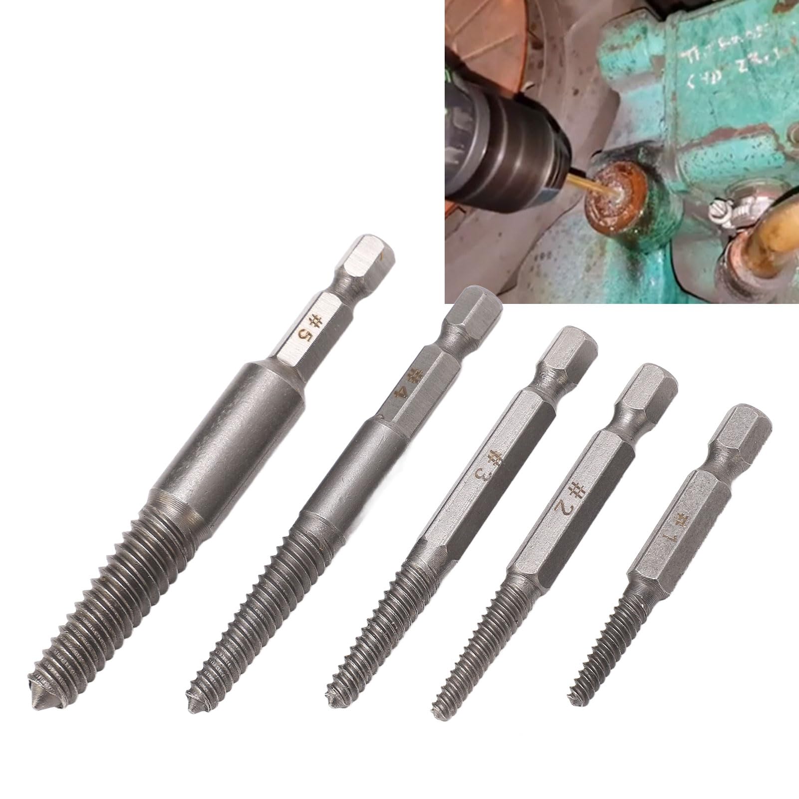 Natudeco 7.5mm 5mm 4mm 3.5mm 3mm 5PCS 1/4 Inch Damaged Screw Extractors Hex Shank Screw Remover Set Carbon Steel Extraction Tool Multipurpose Screw Extractor