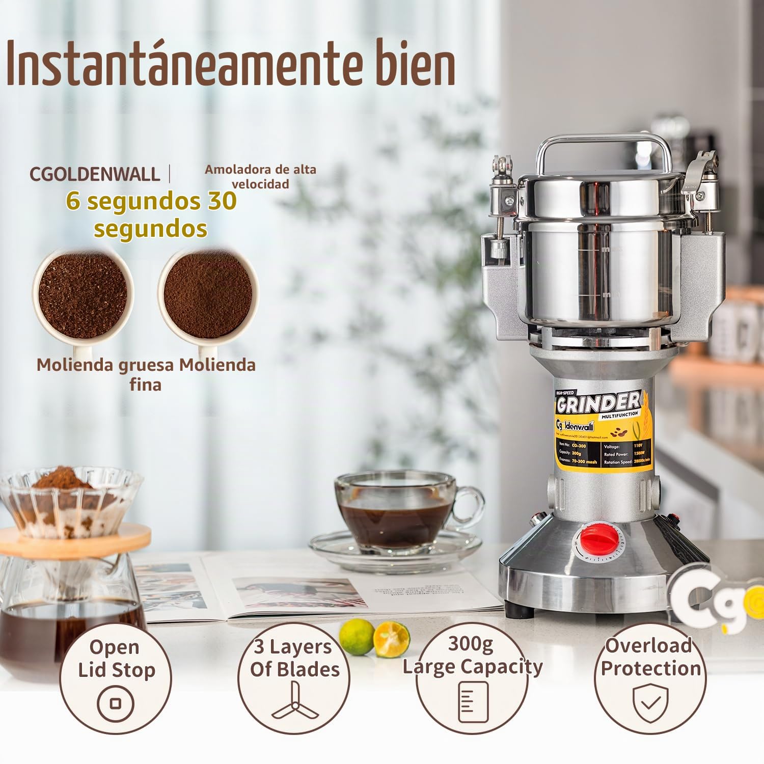 CGOLDENWALL Molino Eléctrico de Granos 300g, Open-Cover-Stop, Vertical | Acero Inoxidable, Superfino para Especia/Hierba/Café/Nuez, Protección de Sobrecarga, 28000RPM Alta Velocidad, 1500W