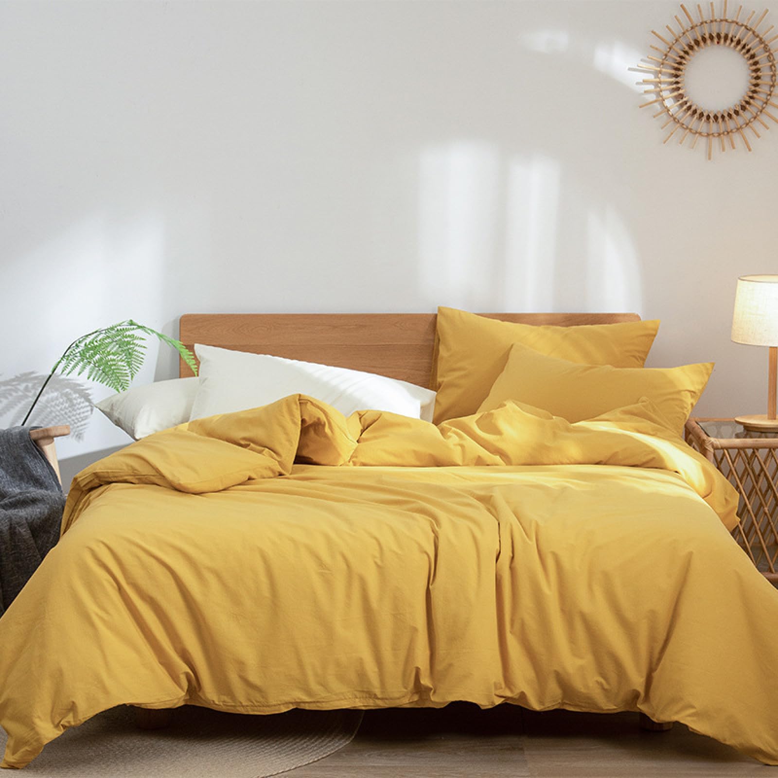 HAIBALuxury Plain Bed Linen 200 x 230 cm 4-Piece (Yellow) Cotton Romantic and Elegant with 1 x Fitted Sheet 150 x 200 + 25 cm + 2 x Pillowcases 50 x 75 cm