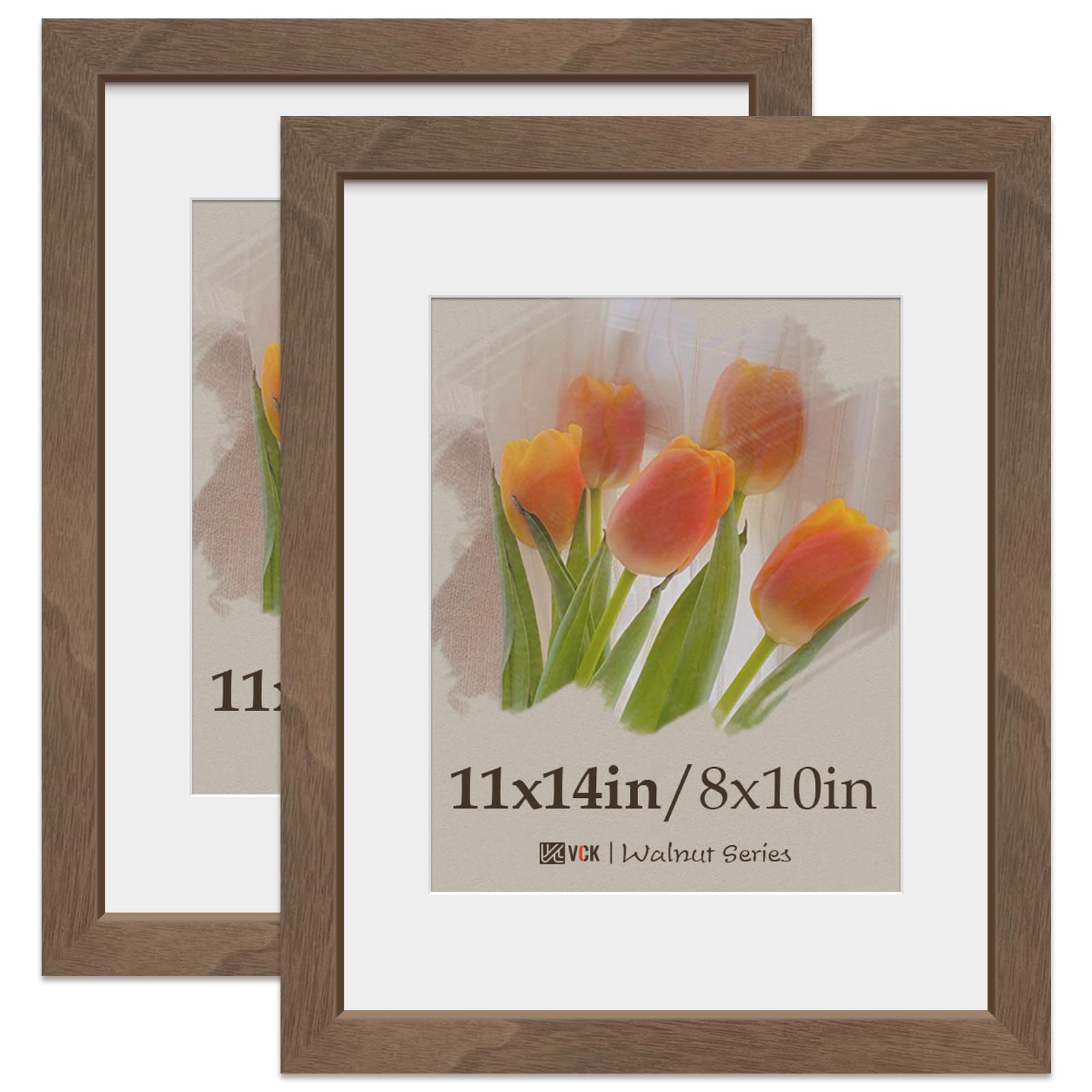 VCK 11x14 Picture Frame 2 Pack, Natural Wood Grain Brown Walnut & HD Glass, Display 8x10 Photos with Mat or 11x14 without Mat, Wall Hanging