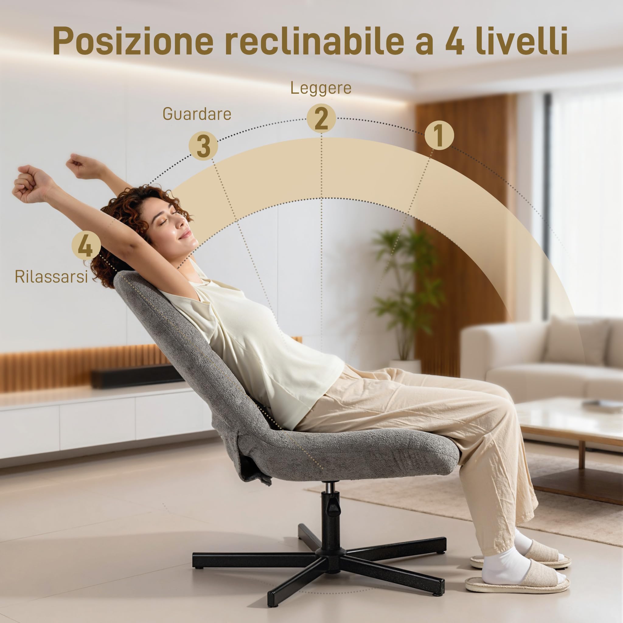 HOMCOM Poltrona Reclinabile su 4 Livelli Girevole 66x80x93-104 cm Grigio | Poggiapiedi Indipendente, Poltrona d'Arredo, Tessuto Effetto Velluto, per Soggiorno Camera da Letto Salotto