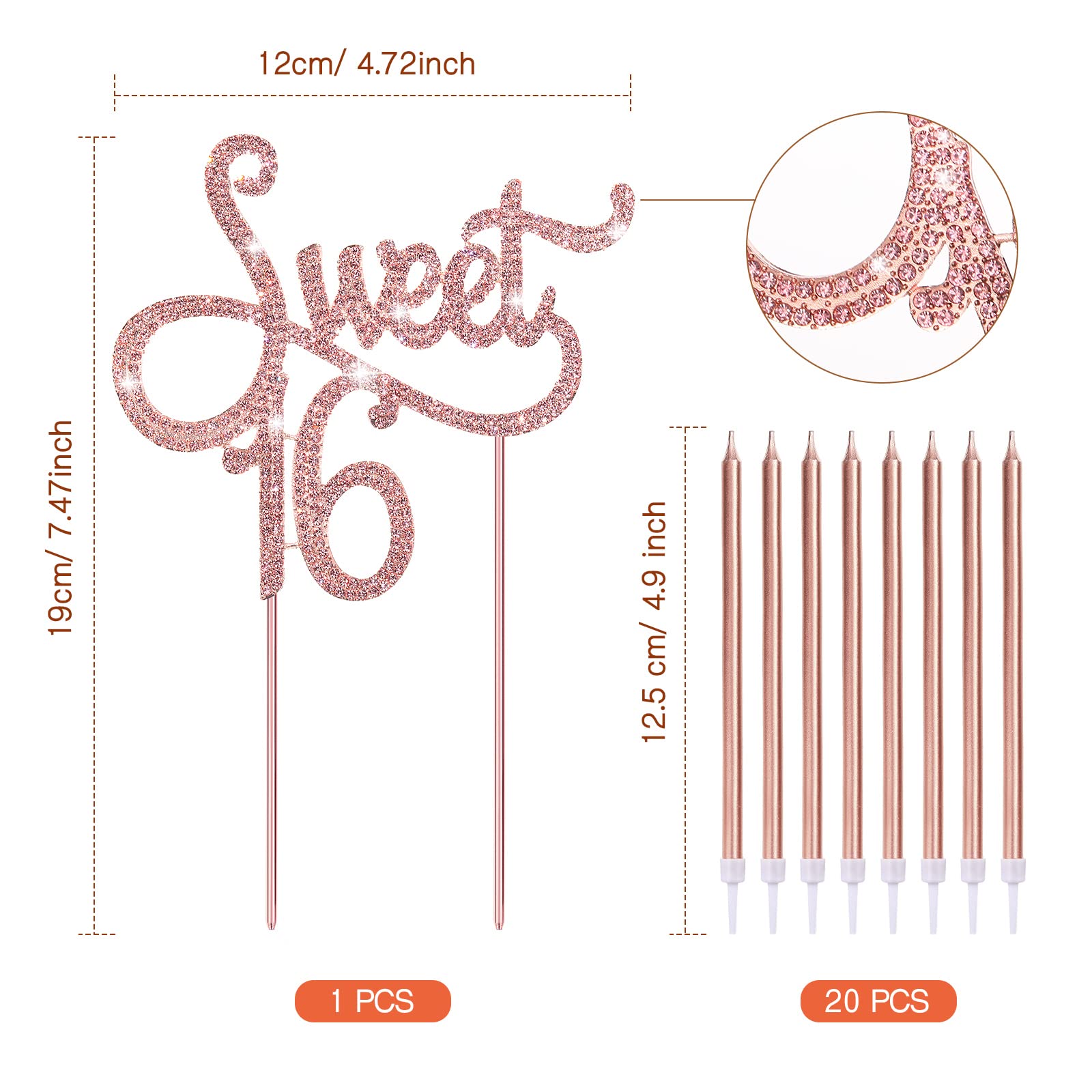 Sweet 16 Geburtstagsdekoration – 1x Kuchenaufsatz & 20x Kerzen Mit Strass, Blau, Metallisch