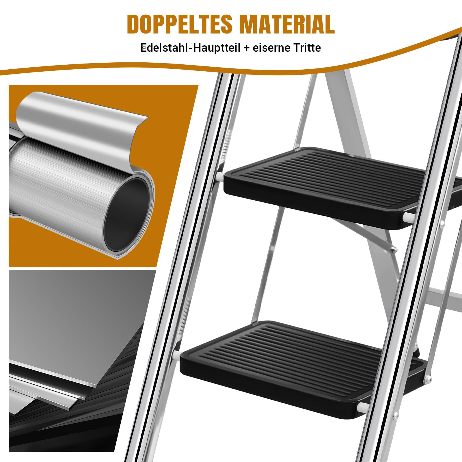 Escalera de 3 peldaños plegable con amplia plataforma antideslizante, escalera de acero inoxidable ligera con capacidad de carga de 150 kg, diseño plegable compacto para el hogar, cocina, autocaravana