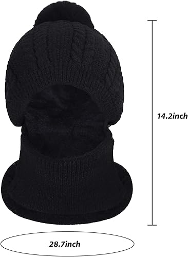 Miniatura 5 de 3 en 1 invierno gorro de punto para el cuello de la cara, calentador de cuello para las mujeres y las niñas forro polar de esquí gorras con pompón