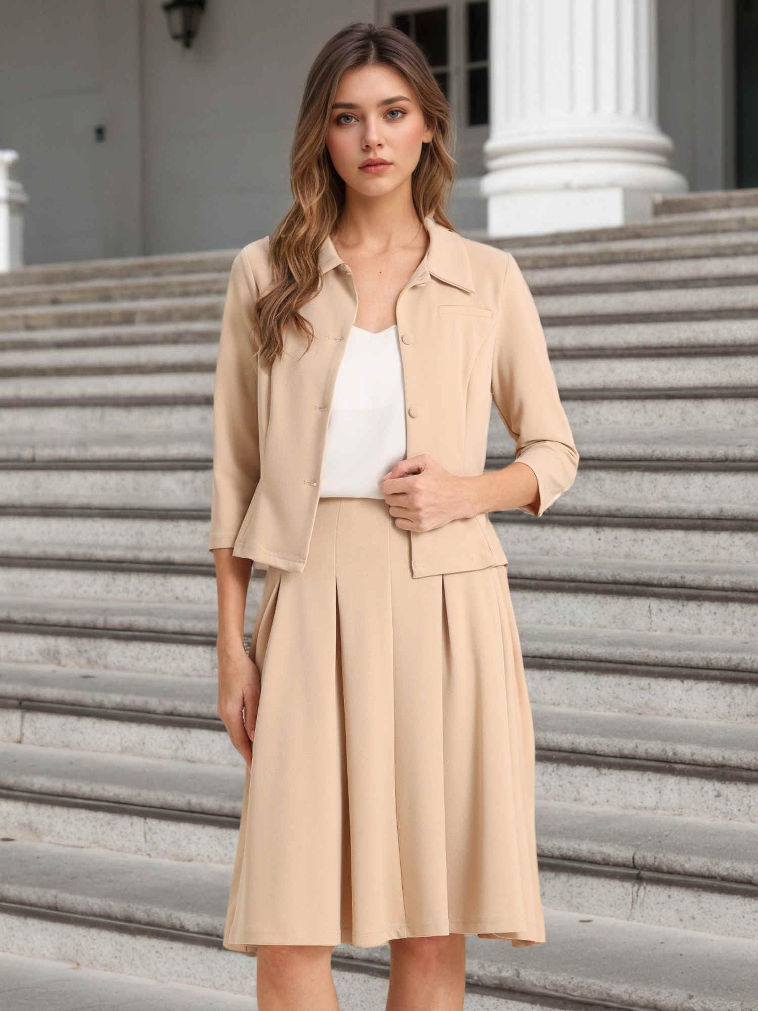 Allegra K Donna Set di Completi Gonna Lavoro Completi da in 2 Pezzi Giacca Blazer A Maniche Lunghe da Ufficio Gonne A Pieghe