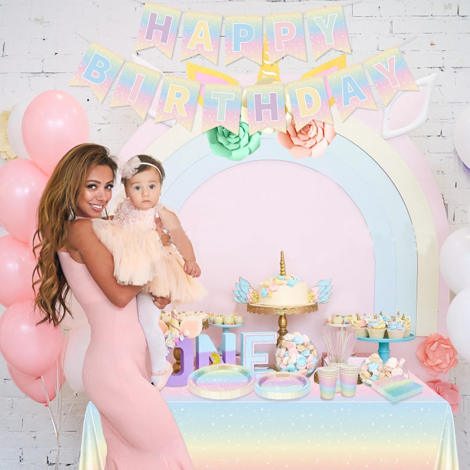 Decorazioni per feste arcobaleno pastello, striscione di buon compleanno, tovaglia, piatti di carta, tovaglioli, tazze per baby shower, per 20 ospiti