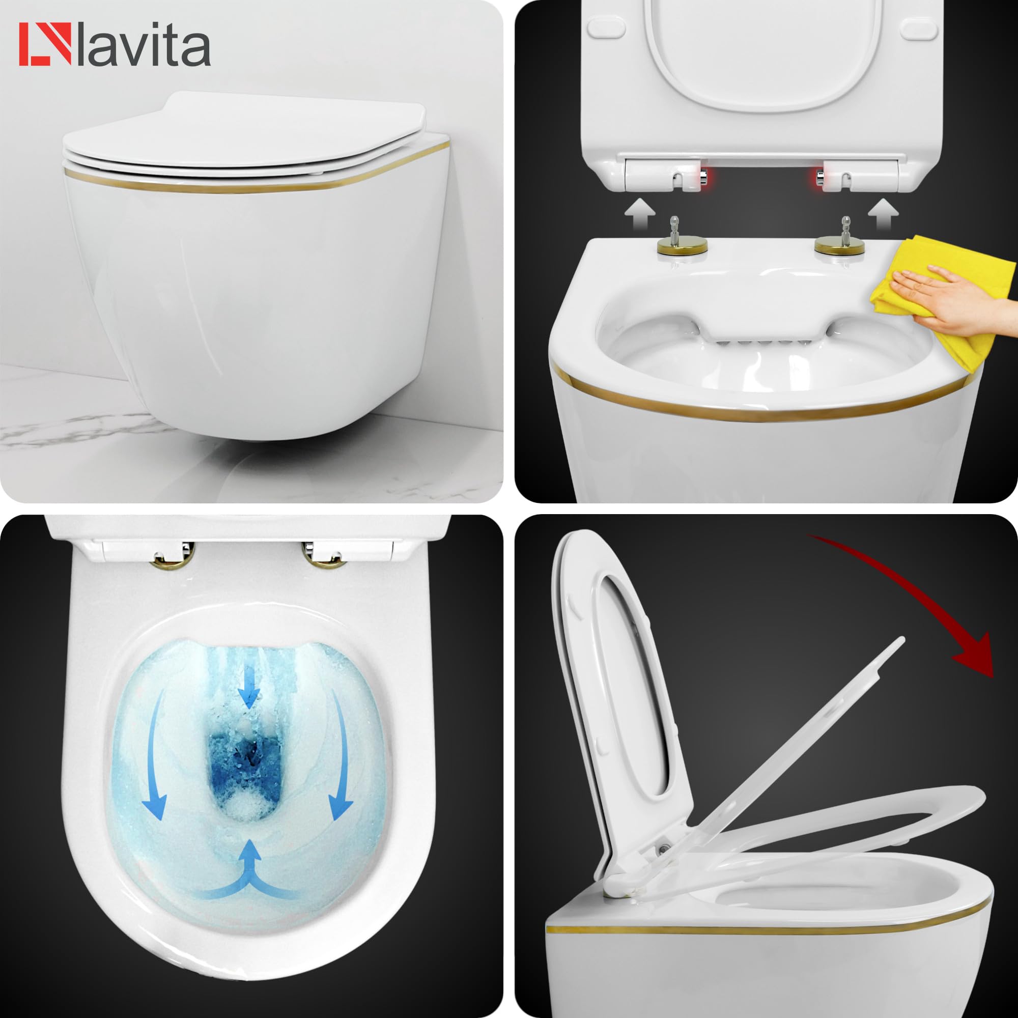 Lavita Vorwandelement Solido Start + Wand Hänge WC Sofi Slim Gold Line Spülrandlos + WC Sitz mit Absenkautomatik Verchromter Knopf Komplettset Unterputz Spülkasten Toilette Komplett Sett WC