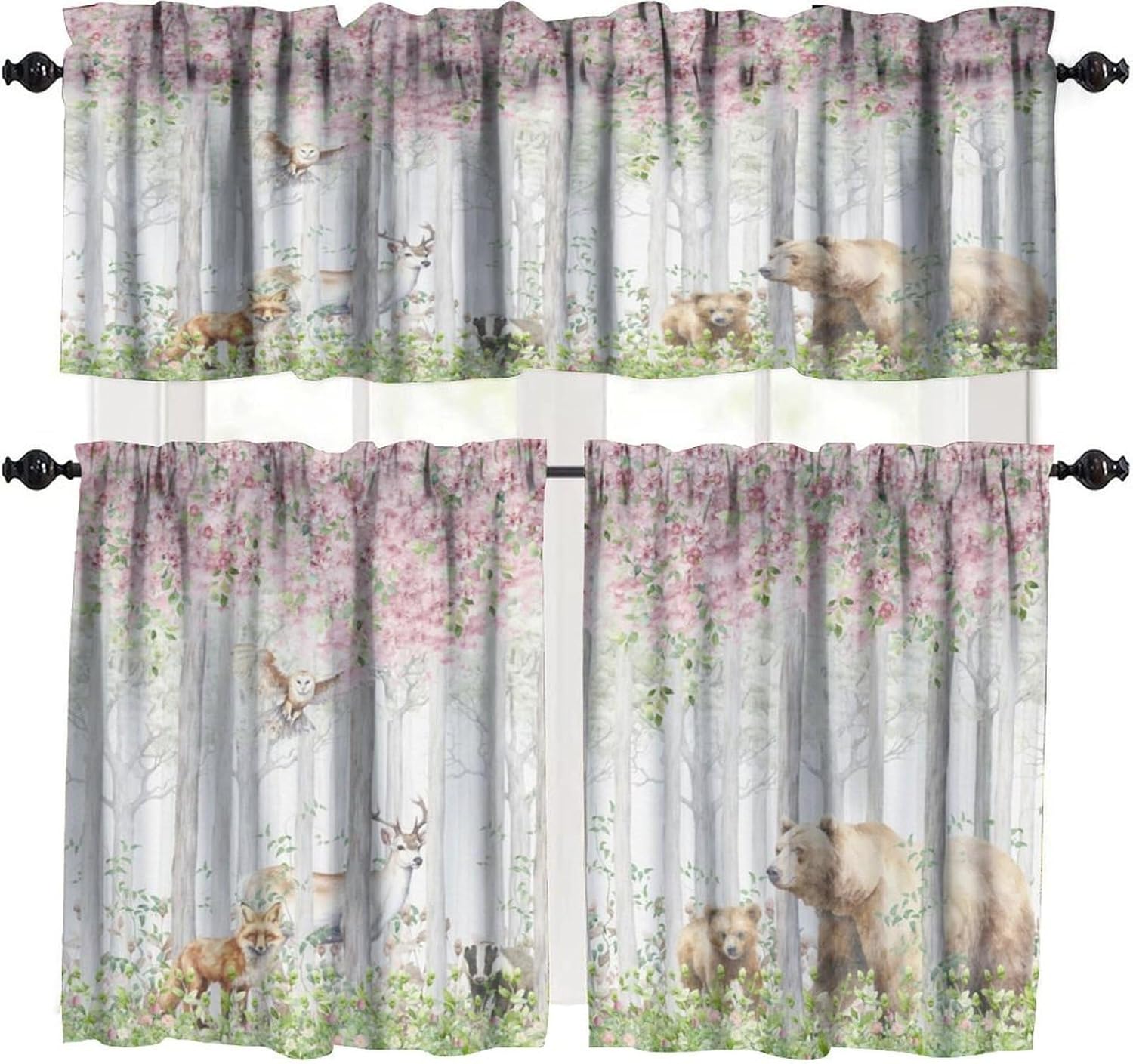 Forest Kitchen Valance Curtain, Cartoon Nature Forest Flower Animal Bear, Deer, Fox, Rabbit Pattern Window Treatment Rod Pocket Drapes for Nursery Office Living Room Decor 54x18in+27x36inx2