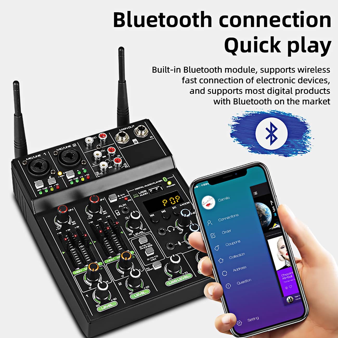 Depusheng UF4-M Consola de mezcla de DJ portátil profesional con Bluetooth de 4 canales con micrófono inalámbrico, mezcladora para grabación de estudio, karaoke y fiesta