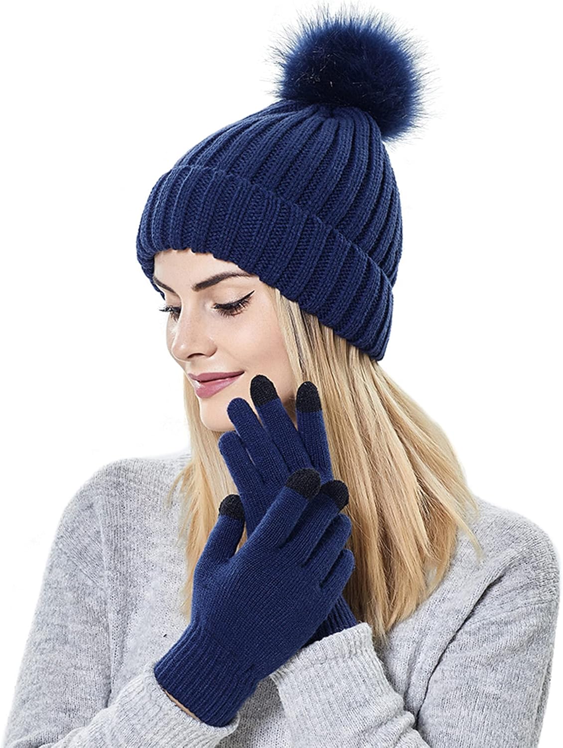 Muryobao 2 Pcs Womens Winter Knitted Beanie Hat Touch Screen Gloves Set Warm Knit Cuffed Skull Cap with Faux Fur Pom Navy Blue at  Women’s Clothing store