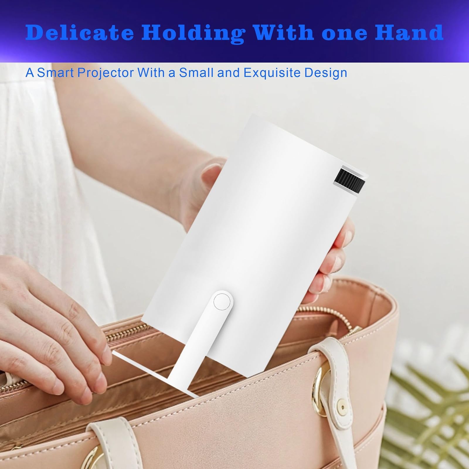 Mini proiettore intelligente portatile, videoproiettore 4K portatile, correzione trapezoidale automatica, ideale per giardino, campeggio, camera da letto, intrattenimento e finestre.