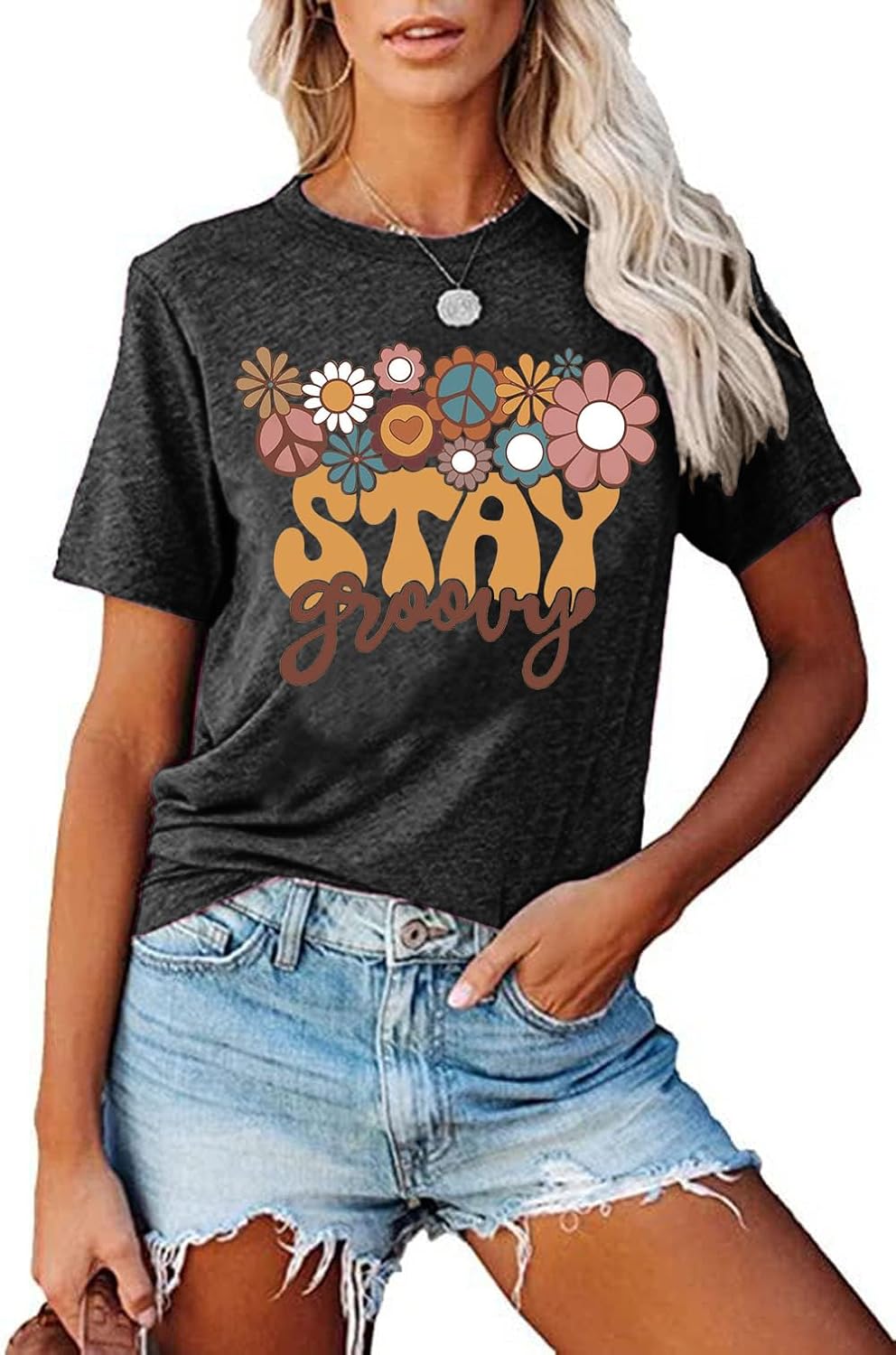 Stay Groovy Shirt for Womens:Hippie 70s T-Shirt Cute Hippie 70s T-Shirt Casual Short Sleeve Tee Tops - Image 2