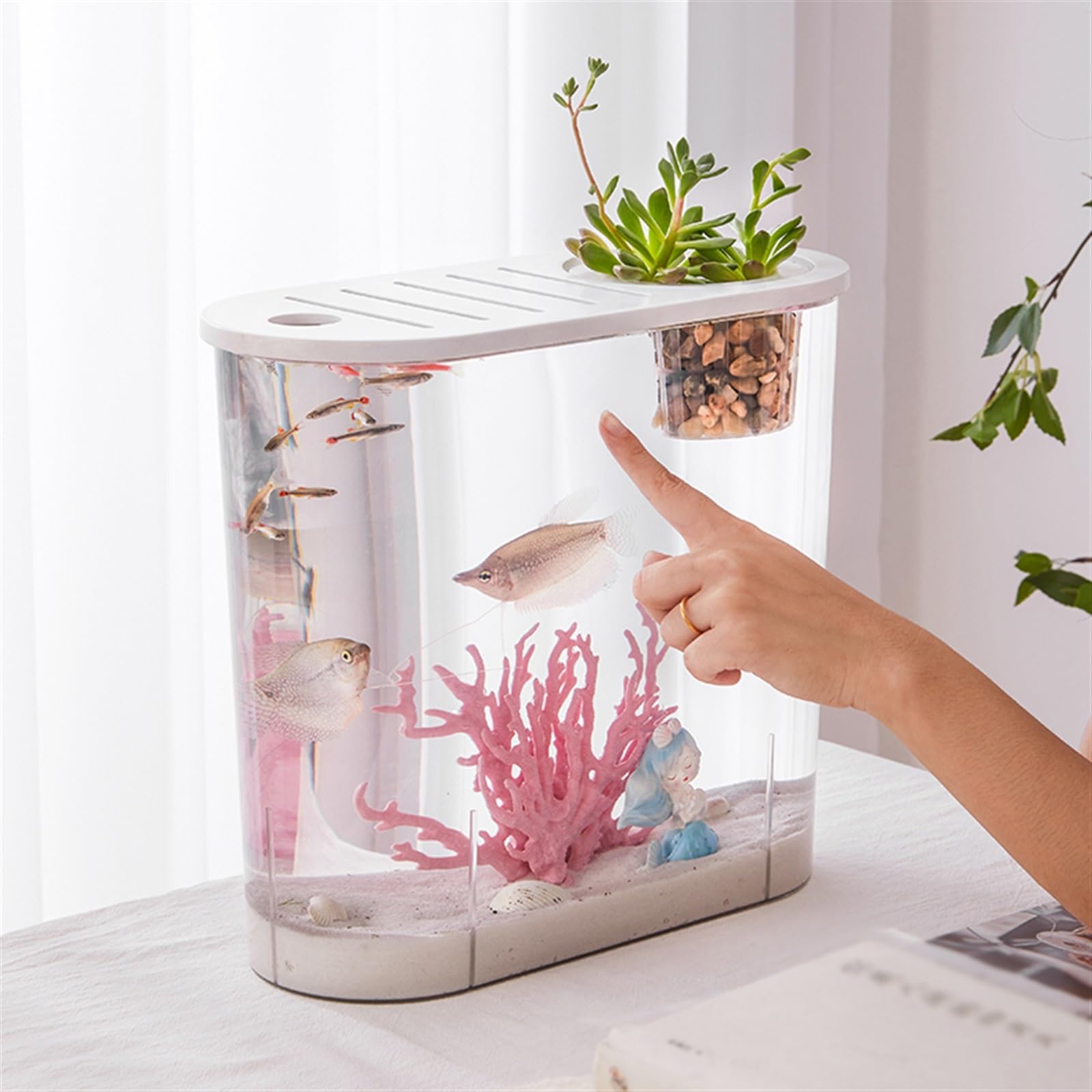 Acuario Pecera Pequeña Micro Paisaje Transparente Pecera Grande Ecológica Hogar con Tapa Escritorio Ovalada se Pueden Plantar Plantas Acuáticas Peces Acuario(Grande)