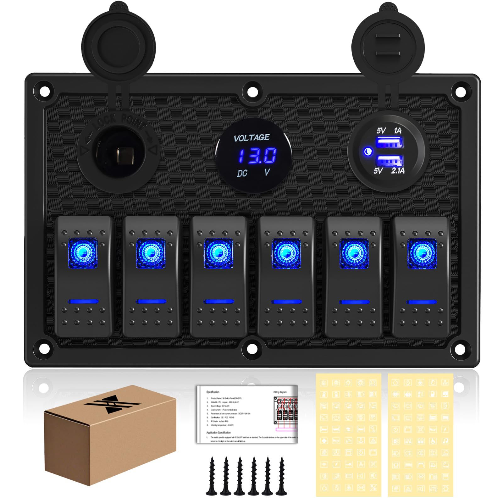 6 Gang Rocker Switch Panel, LED Digital Voltmeter with 3.1A Dual USB Charger, 12/24V Wired Toggle Switch Panel for Automotive Cars Marine Boats RVs