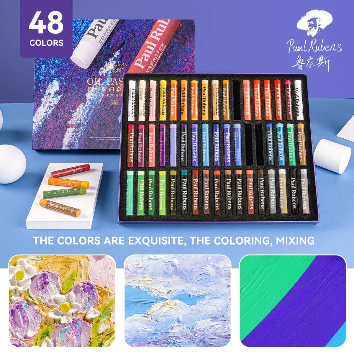 Paul Rubens Ensemble de pastels à l'huile avec 50 pastels à l'huile douce d'artiste + 6 pastels à l'huile blanche + livre de pastels à l'huile de 22 x 30 cm (30 feuilles) + 5 couteaux à palette pour
